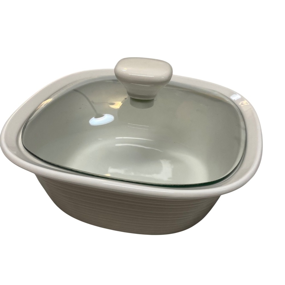 CorningWare Etch 1.5 Qt Stoneware‎ Casserole Dish Glass Lid White Square